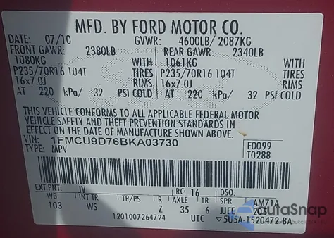 2011 Ford Escape Xlt from USA, damaged, VIN 1FMCU9D76BKA03730